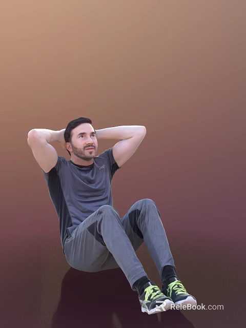Man Sitting with Hands Behind Head in Gray T-shirt and Pants on Warm Gradient Background 3d model 
