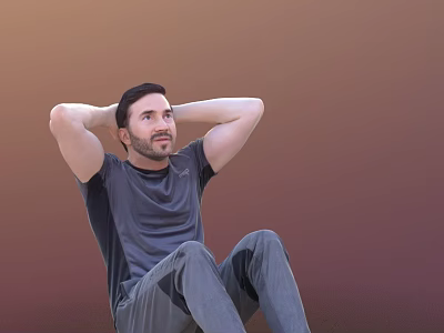 Man Sitting with Hands Behind Head in Gray T-shirt and Pants on Warm Gradient Background 3d model