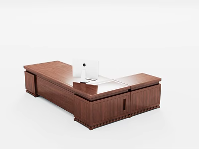 Modern Walnut Office Desk With Drawers And Laptop On Smooth Surface 3d model
