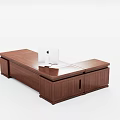 Modern Walnut Office Desk With Drawers And Laptop On Smooth Surface