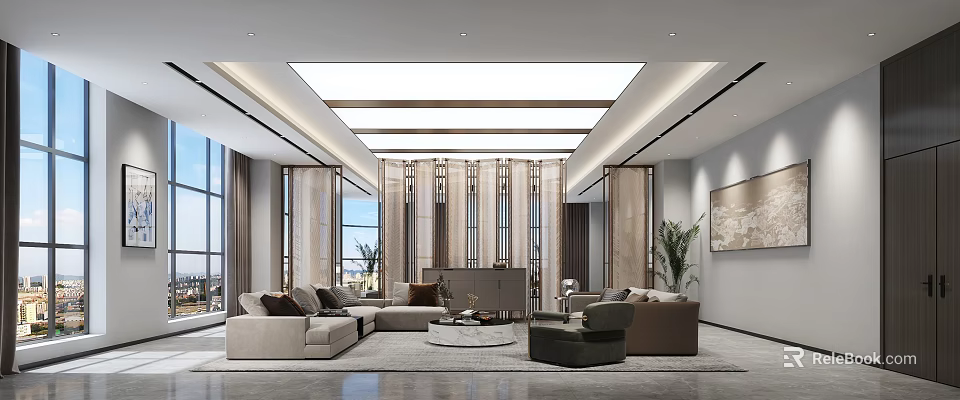 Modern Office Interior With Open Layout Sofas Coffee Table Plants And Floor to Ceiling Windows 3d model