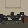 Modern Wooden Office Desk Setup With Black Chairs Computer And Hanging Light