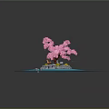 Cartoon Scene With Pink Cherry Blossom Tree On Small Island In Blue Water