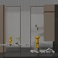 Modern Interior Partition Design With Glass Panels And Marble Accents And Gold Sculptures