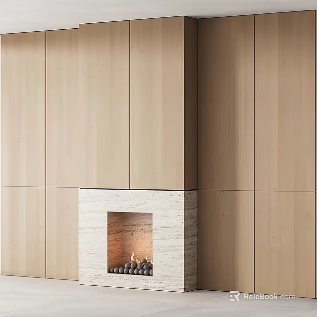 Modern Interior Stone Fireplace With Wooden Wall Paneling And Burning Logs 3d model 