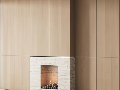 Modern Interior Stone Fireplace With Wooden Wall Paneling And Burning Logs 3d model