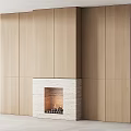 Modern Interior Stone Fireplace With Wooden Wall Paneling And Burning Logs