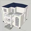 Classic Two Story Detached Villa With Blue Roof White Exterior Balcony And Large Windows