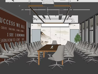 Modern Conference Room Interior With Long Table Chairs Projector Wall Slogan Windows And Potted Plant 3d model