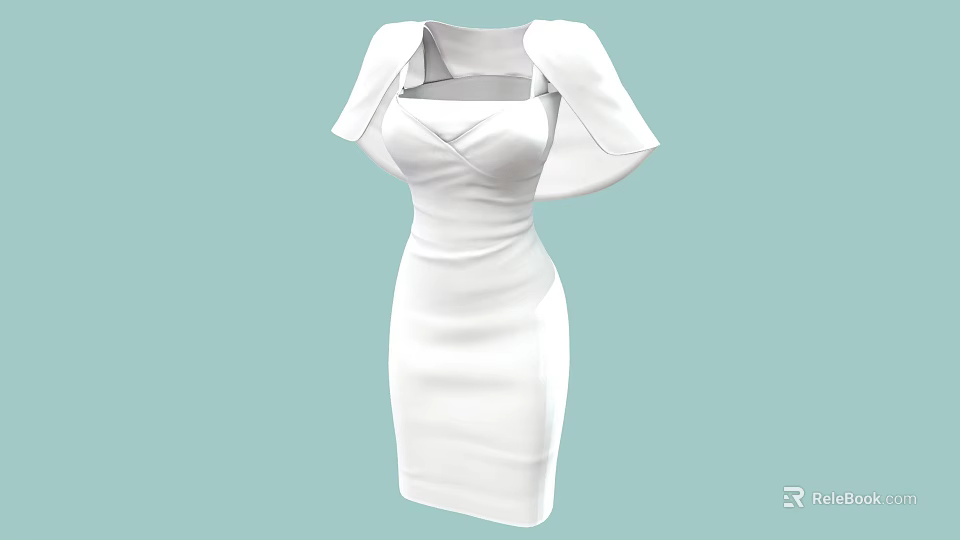 White Fitted Dress With Square Neckline And Cape Shoulder Elegant Design 3d model 