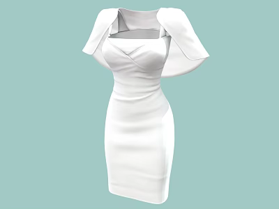 White Fitted Dress With Square Neckline And Cape Shoulder Elegant Design 3d model