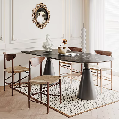 Elegant Black Dining Table Set With Tapered Legs Wooden Woven Chairs Decorative Mirror And Rug 3d model