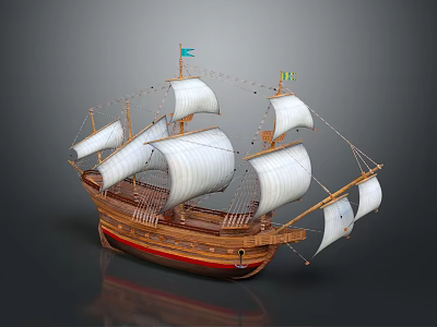 Vintage Wooden Sailing Ship Displaying White Unfurled Sails Brown Hull And Red Decorative Accents 3d model