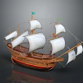 Vintage Wooden Sailing Ship Displaying White Unfurled Sails Brown Hull And Red Decorative Accents