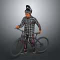 Man in Checkered Racing Suit Standing with Mountain Bicycle and Helmet