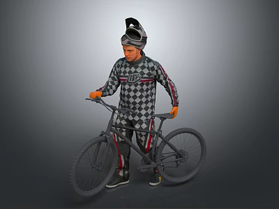 Man in Checkered Racing Suit Standing with Mountain Bicycle and Helmet 3d model