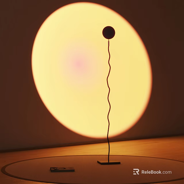 Modern Black Floor Lamp With Curved Stand And Circular Yellow Glow On Wooden Surface 3d model 