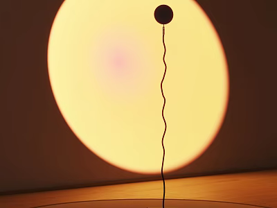 Modern Black Floor Lamp With Curved Stand And Circular Yellow Glow On Wooden Surface 3d model