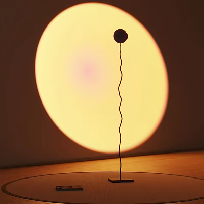 Modern Black Floor Lamp With Curved Stand And Circular Yellow Glow On Wooden Surface 3d model