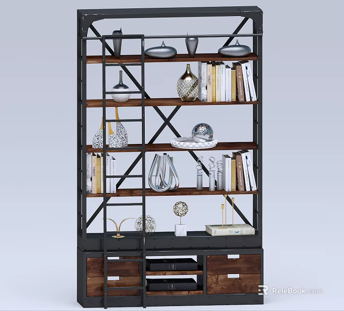 Industrial Style Bookshelf with Metal Frame Wooden Drawers Books and Decorative Lamps 3d model 
