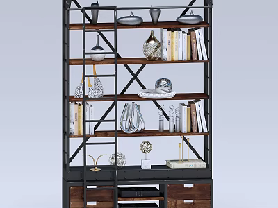Industrial Style Bookshelf with Metal Frame Wooden Drawers Books and Decorative Lamps 3d model
