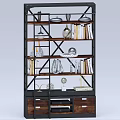 Industrial Style Bookshelf with Metal Frame Wooden Drawers Books and Decorative Lamps
