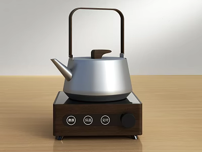 Silver Teapot on Wooden Stove with Control Buttons and Knob on Tabletop 3d model