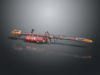Detailed Red And White Rocket Launcher Weapon With Yellow Tips And Decorative Components 3d model