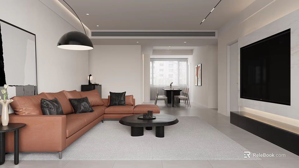 Modern Living Dining Room Interior With Brown L-shaped Sofa Black Round Coffee Table Dining Set 3d model 