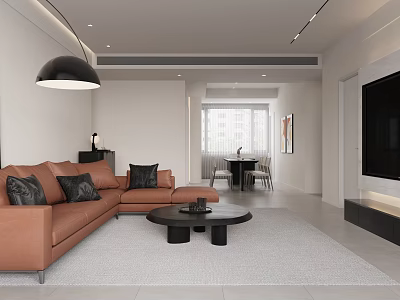 Modern Living Dining Room Interior With Brown L-shaped Sofa Black Round Coffee Table Dining Set 3d model