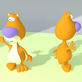 Orange Cartoon Game Movie Characters With Purple Nose Front Back Views Waving Hands Friendly Expression