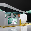 Modern Exhibition Booth With Curved Green Pink Structures Giraffe Model And Reception Desk