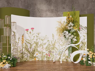 White green fresh wedding welcome area green hand-painted flower welcome area photo area photo area display area crystal road ribbon wedding flower art white green flower art 3d model