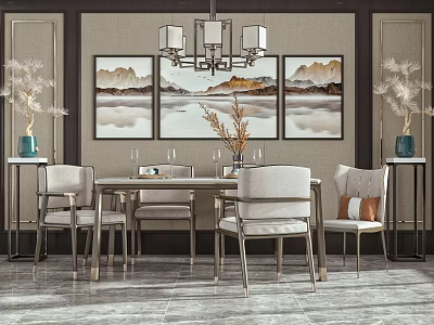 Modern Luxury Dining Table Set with Upholstered Chairs Landscape Paintings and Chandelier 3d model
