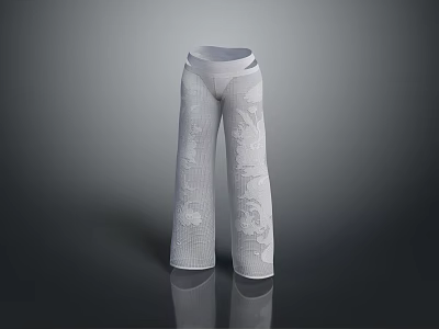 White Flare Pants With Intricate Floral Pattern And Soft Textured Knitted Fabric 3d model