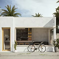 Modern Storefront White Building Large Windows Palm Trees Bicycle Cacti Plants And Shelves