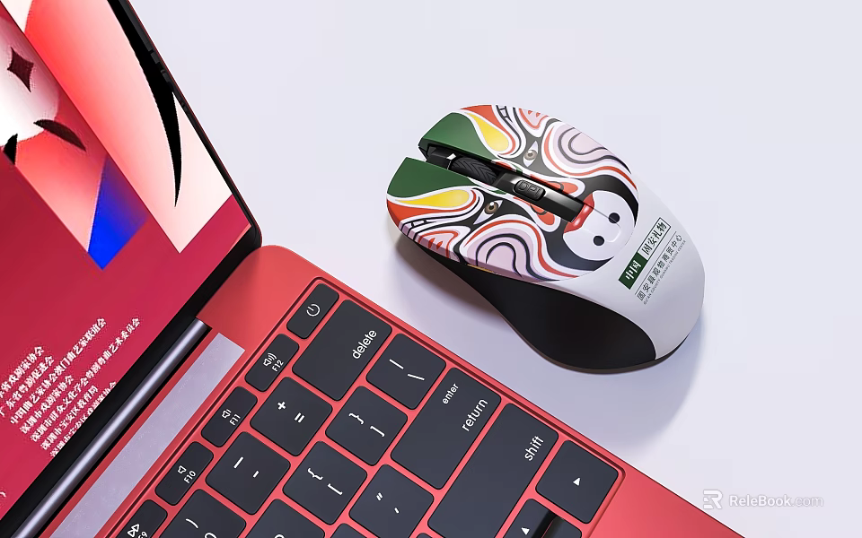 Red Laptop And Wireless Mouse With Colorful Artistic Design 3d model 