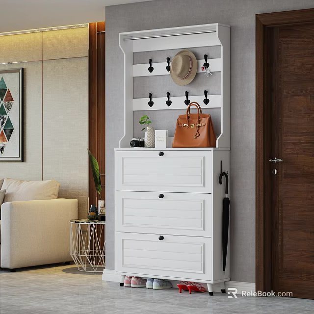 White Modern Shoe Cabinet With Drawers Coat Hooks And Entryway Storage For Shoes Bags Hats 3d model 