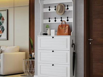 White Modern Shoe Cabinet With Drawers Coat Hooks And Entryway Storage For Shoes Bags Hats 3d model