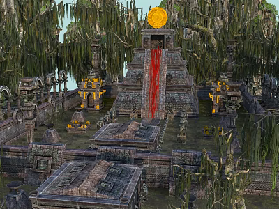 Cartoon Scene of Mystical Ancient Temple with Red Waterfall Golden Disc and Lush Trees 3d model