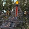Cartoon Scene of Mystical Ancient Temple with Red Waterfall Golden Disc and Lush Trees