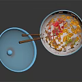 Blue Bowl With Red Animal Patterns Holding Hot Ramen And Fresh Toppings
