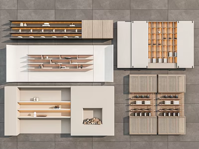 Modern Console Table Interior Design With Wooden Shelves And White Storage Cabinets 3d model