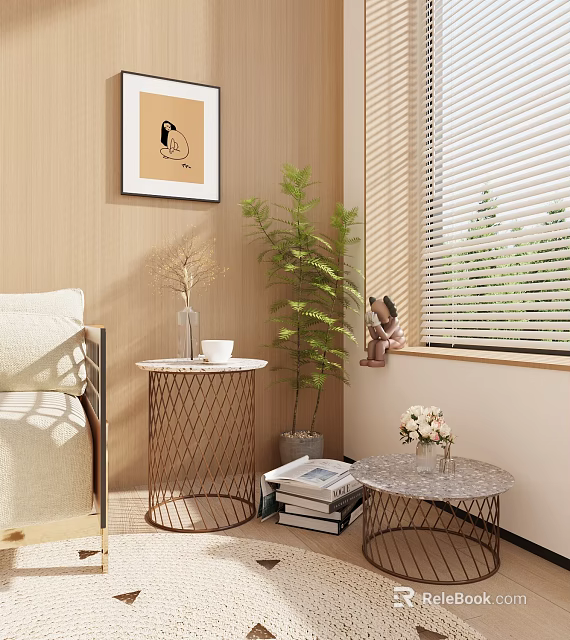 Round Side Table with Copper Wire Mesh Frame by Window with Green Plant and Magazines 3d model 