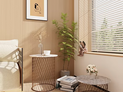 Round Side Table with Copper Wire Mesh Frame by Window with Green Plant and Magazines 3d model