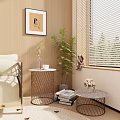 Round Side Table with Copper Wire Mesh Frame by Window with Green Plant and Magazines