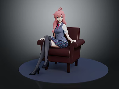 Game Anime Character With Pink Hair Twin Tails Sitting On Brown Armchair In School Uniform 3d model