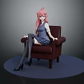 Game Anime Character With Pink Hair Twin Tails Sitting On Brown Armchair In School Uniform