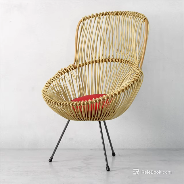 Modern Rattan Leisure Chair With Red Cushion And Black Metal Legs 3d model 