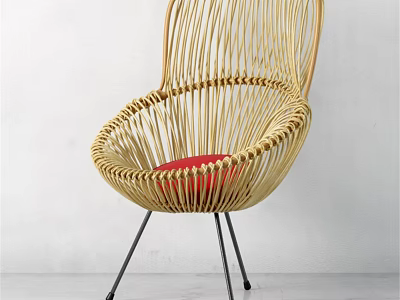 Modern Rattan Leisure Chair With Red Cushion And Black Metal Legs 3d model